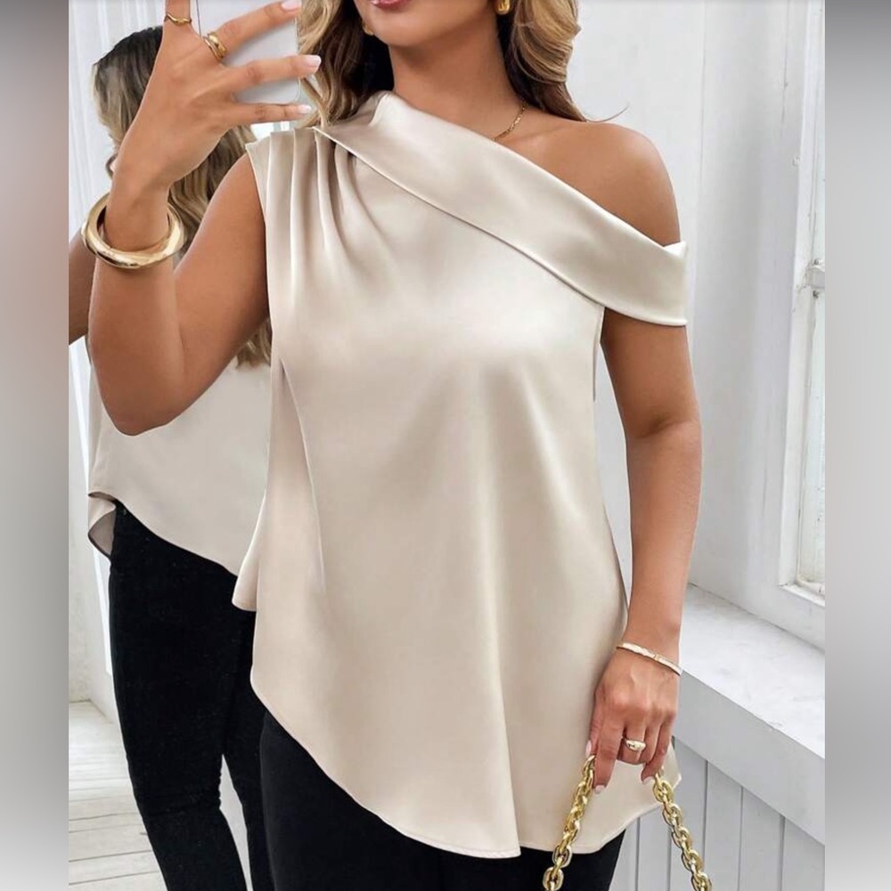 Off-Shoulder Cream Satin Blouse - Elegant Women’s Top - Picture 4 of 5